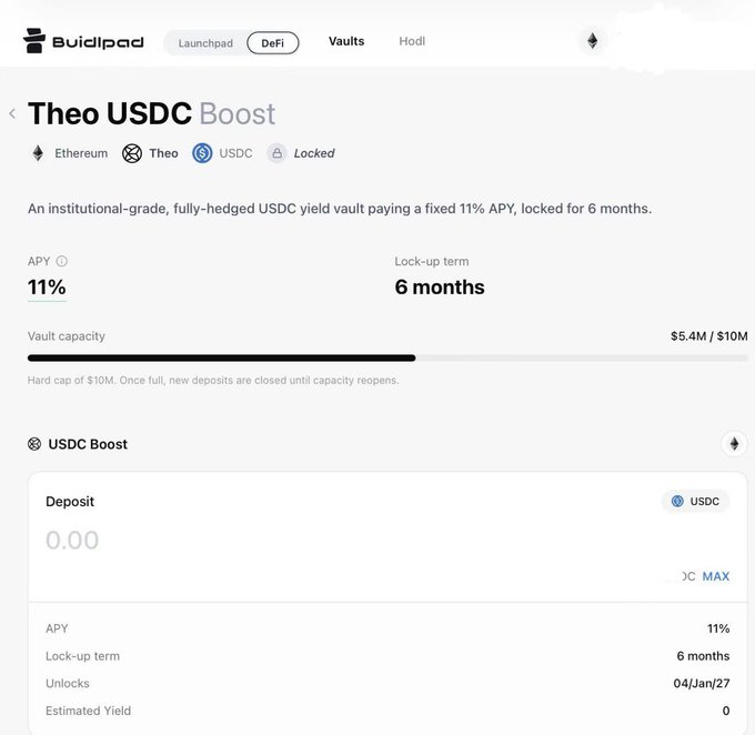 Screenshot of the Buidlpad DeFi platform showing the 'Theo USDC Boost' vault with 11% APY, a 6-month lock-up term, and $5.4M filled of a $10M capacity.