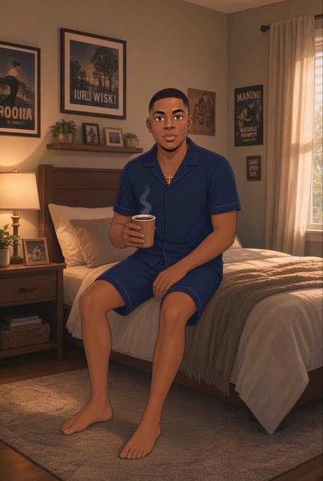 A digital illustration of a young Black man in blue pajamas sitting on a bed holding a steaming mug, in a bedroom decorated with posters.