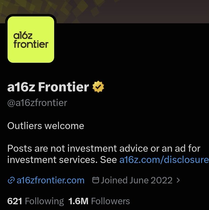 A social profile page for “a16z Frontier ✅” at “@a16zfrontier” says “Outliers welcome” and includes the disclaimer, “Posts are not investment advice or an ad for investment services. See a16z.com/disclosure.”