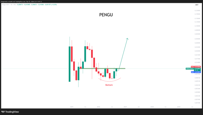 A TradingView weekly candlestick chart of the PENGU cryptocurrency displays price action around a support level (0.013320), with an annotated "Bottom" pattern marked by a red curve and a projected upward arrow, visually supporting the post's bullish outlook that "PENGU is coming."