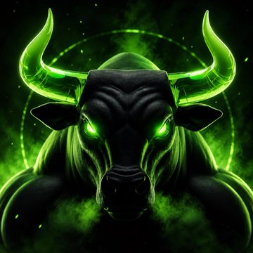 A digital artwork shows a bull with glowing green eyes and horns, surrounded by green energy and cosmic rings against a dark background.