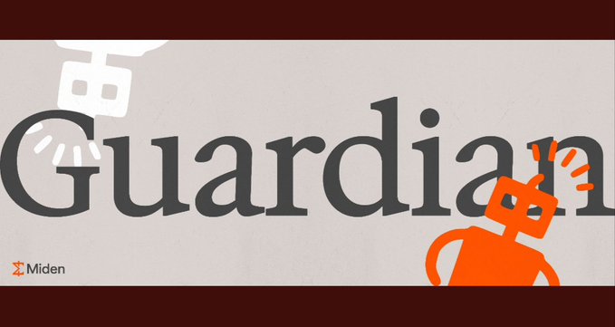 A branded graphic displaying the "Miden" logo alongside a partial "Guardian" text, featuring an orange cartoon robot character and a cryptocurrency-style icon on a beige background.