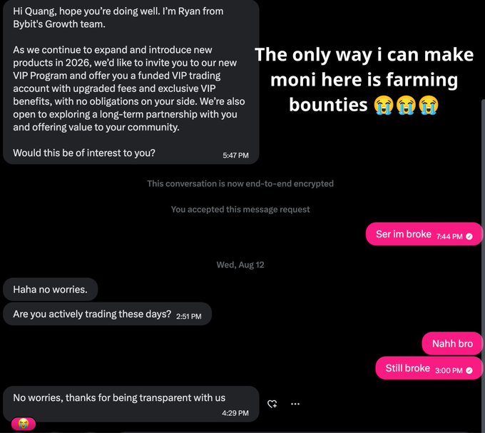 A Twitter/X message exchange shows "Ryan from Bybit's Growth team" pitching a VIP trading account partnership to Quang, who humorously responds "Ser im broke" and "Still broke 😭😭😭" with the caption noting these crypto bounties are for fellow broke creators. The image illustrates the relatable struggle of being broke in crypto, which ties into the post promoting content creator campaigns as a way to earn money.