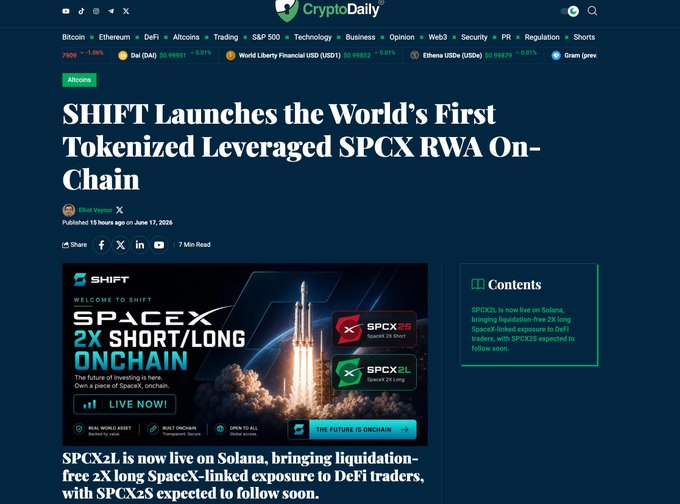 The image shows a website called "CryptoDaily", which features an article about the cryptocurrency market, specifically the launch of BitcoinSHIFT by SPCXRWA as featured on their platform. The text states that they are now live on Shift, and the image depicts a rocket launching into space while a company name is displayed in blue letters across it. This suggests that the post might be promoting an advertisement or promotional event related to cryptocurrency trading or innovations happening within the market.