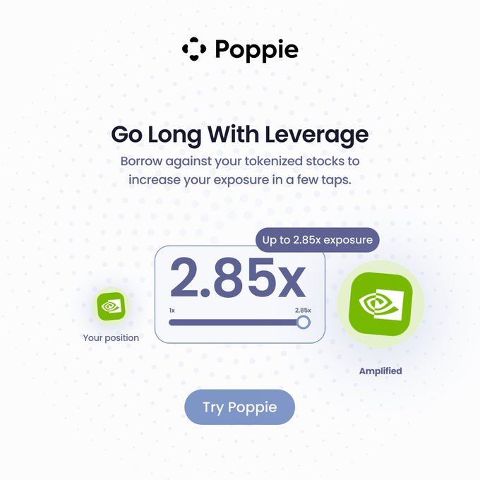 Poppie's "Go Long With Leverage" promotional graphic advertises up to 2.85x exposure on tokenized stocks via borrowing, illustrating the amplification from a 1x position with a sleek progress slider and a "Try Poppie" call-to-action button.