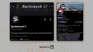 The image shows two screenshots of the Sprithub NFT project on Twitter/X, with the account name "@spritehoodio" and a bio describing it as "The gate to Spritehood is opening on Robinhood Chain" with "1 hour ago" and "359 Insights" visible. The right screenshot shows a Q&A reply from Cole (Colethereum) discussing "free hero customization" and "free mint" mechanics, which aligns with the accompanying post about Cole, the ex-Co-Founder of Pudgy Penguins, teasing Spritehood's early gameplay features on the Robinhood Chain.
