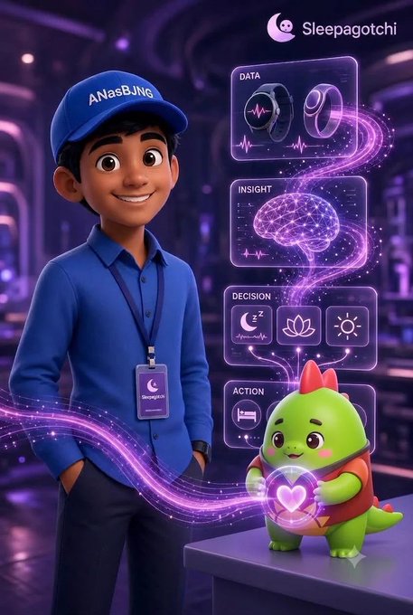 A Sleepagotchi promotional graphic featuring a 3D character wearing a blue cap labeled 'ANasBJNG' alongside a green dinosaur-like creature, with diagrams for Data, Insight, Decision, and Action.