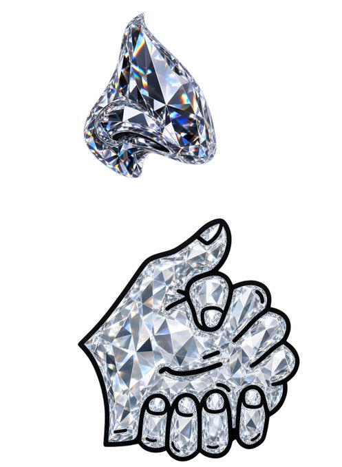 A digital illustration of a diamond-shaped crystal above a hand making a finger heart gesture, both rendered in a sparkling, faceted diamond texture.