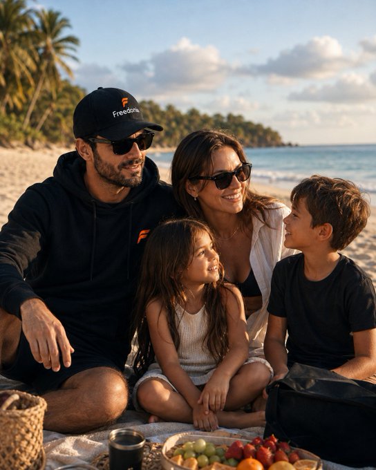 A family of four enjoys a picnic on a beach, with the father wearing a 'Freedoms' cap; fruits are arranged in front of them.