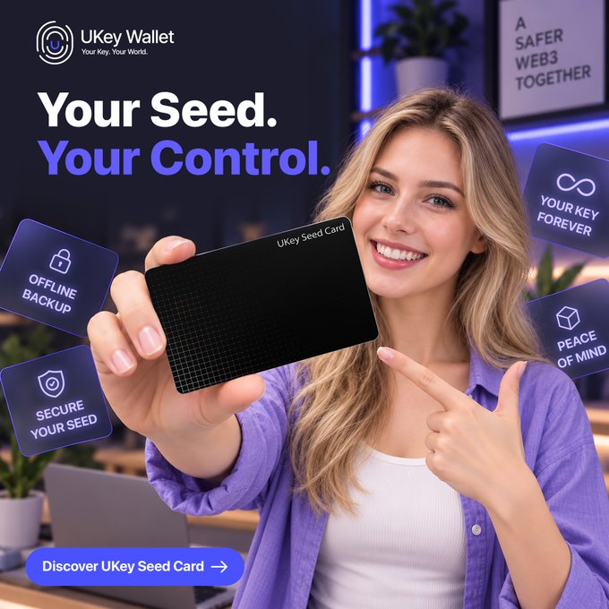 A woman holds up a black 'UKey Seed Card' in an advertisement featuring the text 'Your Seed. Your Control.', 'A SAFER WEB3 TOGETHER', and 'Discover UKey Seed Card'.
