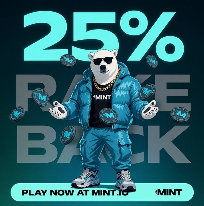 A promotional graphic for a cryptocurrency or token called MINT, featuring a stylized polar bear character in sunglasses and a blue tracksuit surrounded by MINT coins, advertising '25% RAKE BACK' and 'PLAY NOW AT MINT.IO'.