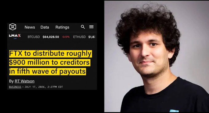 A news headline from LMAX reads "FTX to distribute roughly $900 million to creditors in fifth wave of payouts" (July 17, 2026), displayed alongside a portrait of FTX founder Sam Bankman-Fried, illustrating the significant capital flow event mentioned in the post.