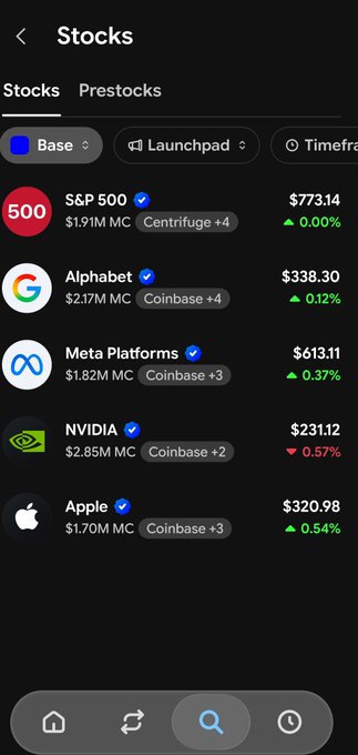A mobile app screenshot showing a 'Stocks' list with major tickers including S&P 500 ($773.14), Alphabet ($338.30), Meta Platforms ($613.11), NVIDIA ($231.12), and Apple ($320.98).