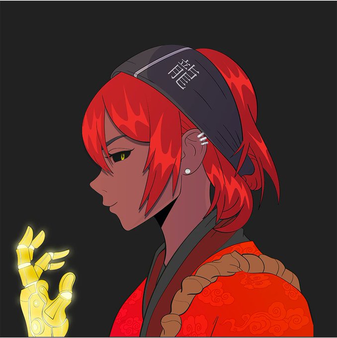 An anime-style illustration shows a red-haired female samurai wearing a dark headband with Japanese characters (侍, meaning "samurai"), a red kimono with cloud patterns, and a glowing golden mechanical hand, perfectly matching the post's description of "anime-inspired samurai energy" for the Kaatana NFT collection's free mint of 3,000 Warriors.