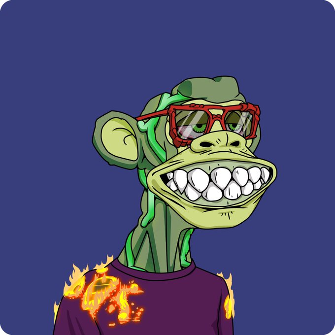 The image features a cartoon character with a green body, red hair, and glasses that appears to be smiling. The character has a purple shirt and is wearing a flame-like design on their chest. The caption below the image reads "Today this mutant gets a little attention that I have neglected for many months. Leave some love there for my scumbag @BoredApeYC".