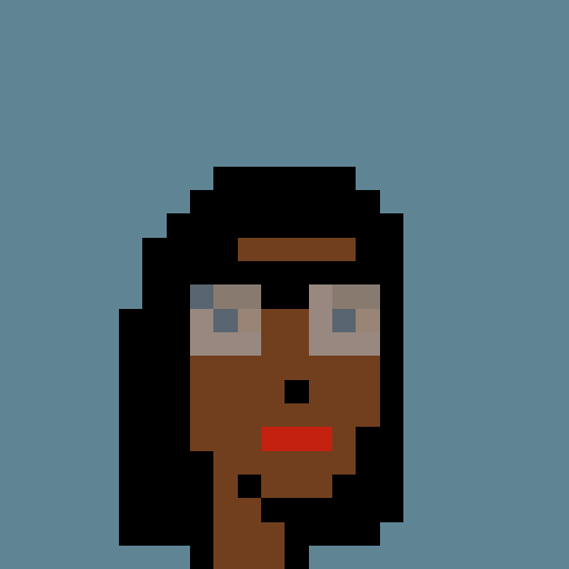 A pixel-art style portrait shows a dark-skinned character with blue eyes and red lips against a solid light blue background.