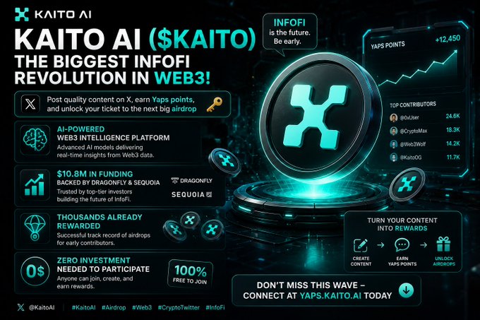 A promotional graphic for "KAITO AI ($KAITO)" advertising "THE BIGGEST INFOFI REVOLUTION IN WEB3" with details about Yaps Points, top contributors, and airdrop rewards.