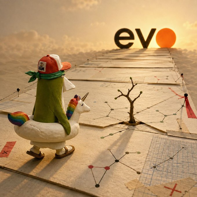 A whimsical 3D-rendered scene of a green character in a 'NAM' cap riding a unicorn-shaped inflatable across a paper map dotted with molecular constellation patterns, with the letters 'evo' and a sun at the horizon.