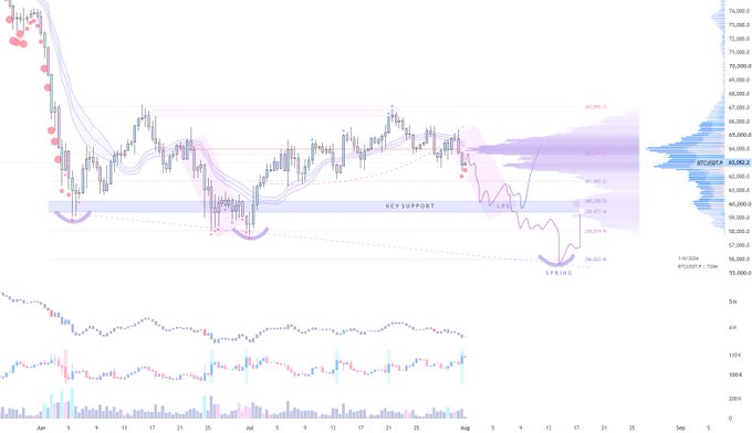 A detailed technical analysis chart showing price action with a highlighted 'KEY SUPPORT' zone, Fibonacci retracement levels, and annotations including 'SPRING' and 'LPS', with BTC/USDT indicated.