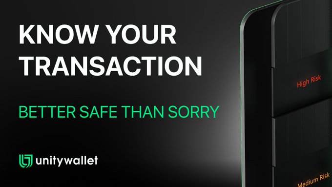 A Unity Wallet advertisement with the text 'KNOW YOUR TRANSACTION' and 'BETTER SAFE THAN SORRY', featuring a dark background with a card device showing 'High Risk' and 'Medium Risk' labels.