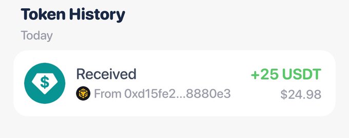 A 'Token History' screen showing a 'Received' transaction of +25 USDT (worth $24.98) from the address 0xd15fe2...8880e3.