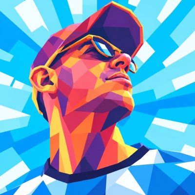 A vibrant, low-poly digital illustration of a man wearing sunglasses and a cap, with his face rendered in geometric shapes of pink, orange, and purple against a radiating blue background.
