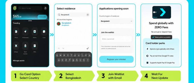 The image shows a step-by-step guide for joining a Bangladesh wallet, specifically focusing on the card holder section of the app. The instructions are displayed on a mobile device screen with a blue background, white text, and green arrows pointing towards different steps in the process.