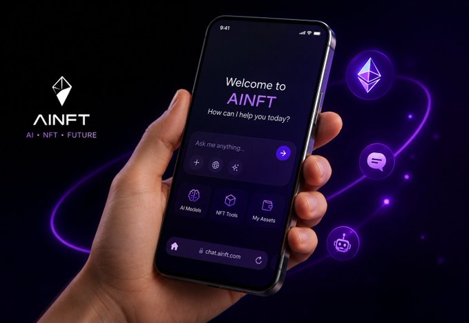 The image depicts a hand holding a smartphone displaying the "AINFT" chat interface with a "Welcome to AINFT - How can I help you today?" message, alongside the AINFT logo (AI • NFT • FUTURE) and icons representing Ethereum, messaging, and AI features.

This visual reinforces the post by showcasing AINFT's user-friendly mobile platform, which embodies its mission of providing creators and developers an accessible foundation for AI-powered Web3 experiences within the TRON ecosystem.