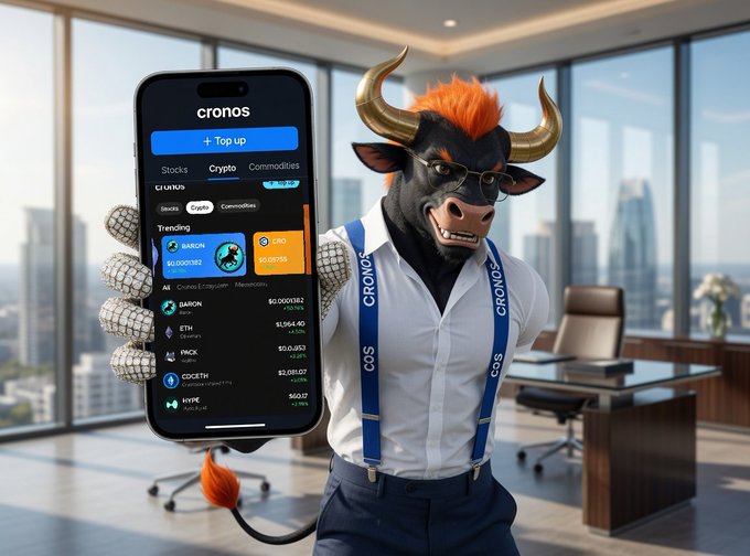 An AI-generated image of a bull character with orange hair, glasses, a white shirt, and blue suspenders reading 'CRONOS', holding a smartphone displaying a crypto trading app with trending tokens like BARON, CRO, ETH, WACK, GODETH, and HYPE.