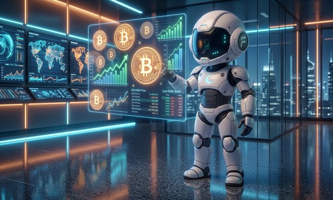 !"In the center of a city street at night, a robot with a white body and blue helmet points upwards to a chart showing the value of Bitcoin rising rapidly!The robot has hands raised!".