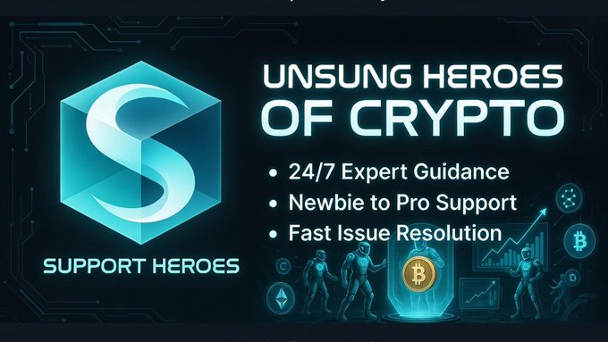 A promotional graphic features the "Support Heroes" logo alongside the bold headline "UNSUNG HEROES OF CRYPTO," highlighting key benefits like "24/7 Expert Guidance," "Newbie to Pro Support," and "Fast Issue Resolution," with stylized figures and Bitcoin imagery in the background—visually emphasizing the post's tribute to TermMaxFi's dedicated customer support team that often goes unnoticed in the crypto space.