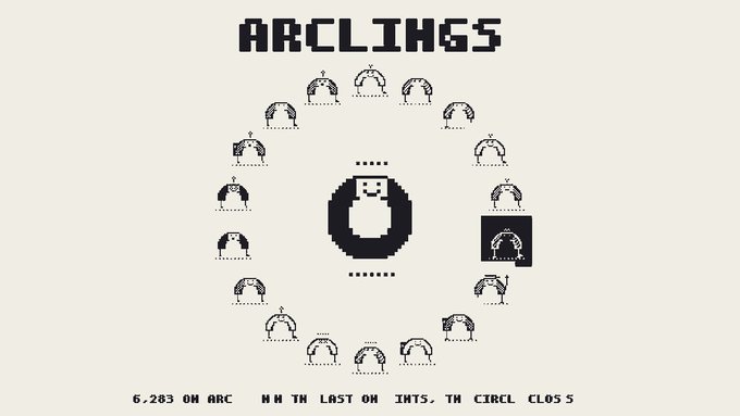 A pixel art graphic titled "ARCLINKS" featuring a central character in a black hood surrounded by a circular arrangement of similar hooded figures, with text at the bottom reading "6,283 ON ARC NN IN LAST ON INTS, TH CIRCLE CLOSE S".