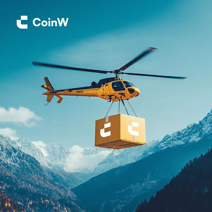 Promotional image for 'CoinW' cryptocurrency exchange showing a yellow helicopter carrying a branded yellow cube over a mountainous landscape.