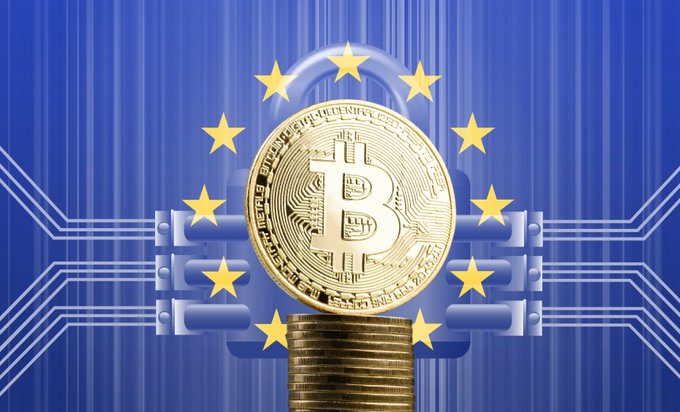 A stack of Bitcoin coins overlaid on a blue padlock, surrounded by the European Union's circle of yellow stars, symbolizing crypto regulation.