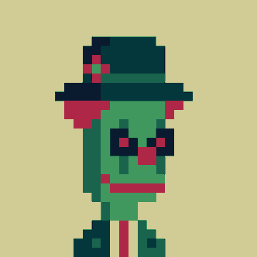 A pixel art illustration depicts a green-skinned character with red eyes and lips, wearing a dark fedora with a red band against a pale yellow background.