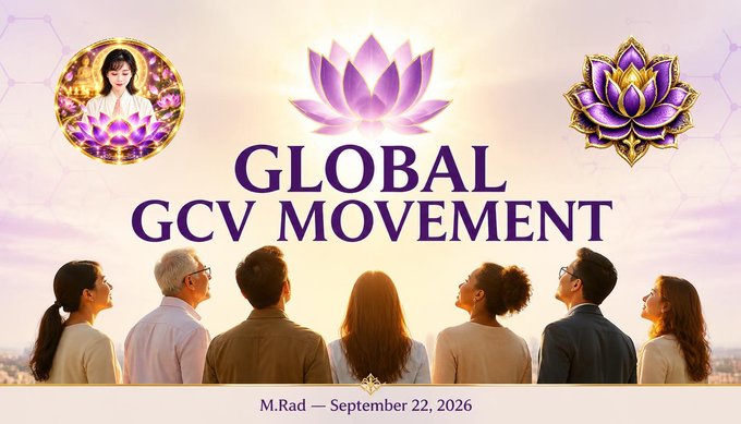 A promotional graphic for 'GLOBAL GCV MOVEMENT' by M.Rad dated September 22, 2026, featuring lotus flower icons and a diverse group of people viewed from behind looking toward a sunrise.