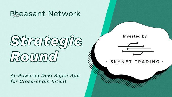 The image features a poster with a white cloud design that says "Strategic Round" written in black text at the top. Below this, there's an image of a white cloud with black lines connecting it, which reads "Invested by Skynet Trading". The background color is green and has a gray border. In the bottom right corner, there are two small logos: one for "Pheasant Network" in blue and another for "Skynet Trading" in red.