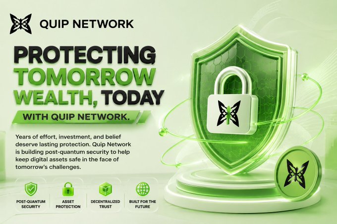 Quip Network is promoting its service of protecting tomorrow's wealth by using its networked security system. In the image, there are two butterfly-shaped locks positioned around a white shield with a green border, symbolizing the protection of assets and digital privacy against potential threats from quantum computing.