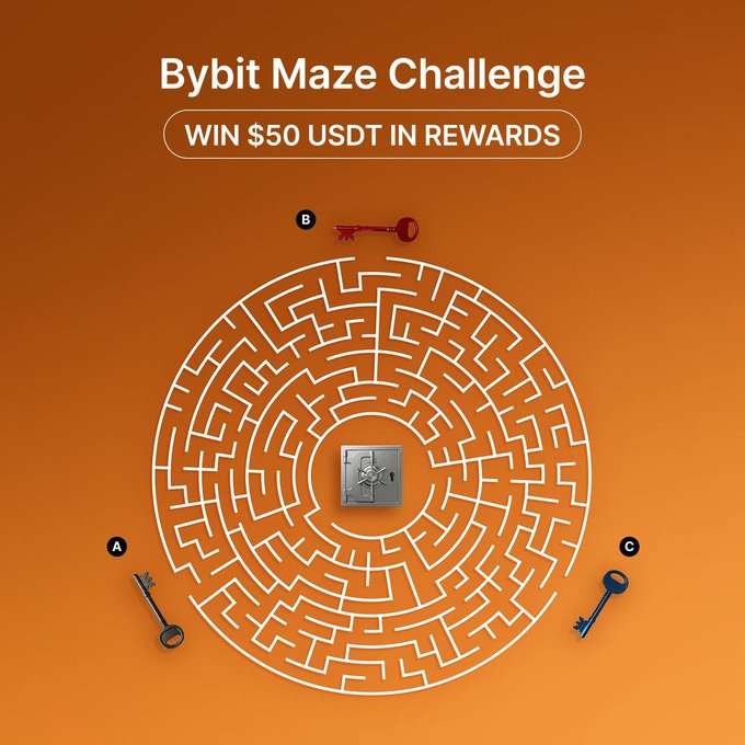 A "Bybit Maze Challenge" promotion offering $50 USDT in rewards, featuring a circular maze with three keys (A, B, C) leading to a safe at the center, which served as a giveaway contest that has now announced its winners.