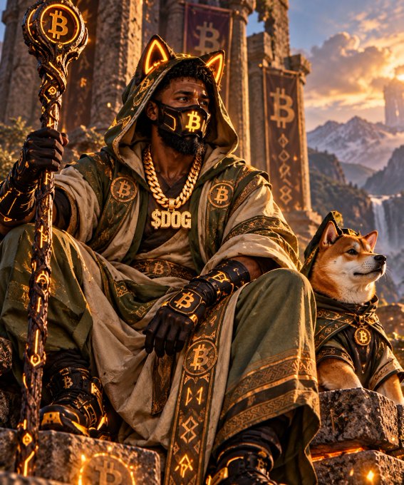 A stylized digital illustration depicting a regal figure adorned in Bitcoin symbols wearing a hood and mask, seated beside a similarly decorated Shiba Inu dog in a medieval fantasy setting at sunset.