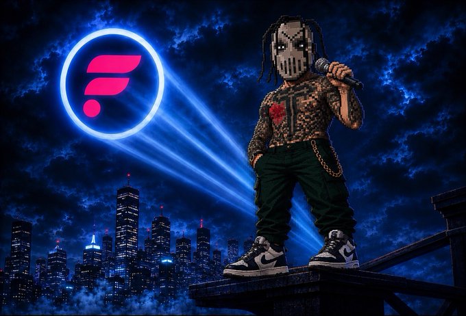The image depicts a pixelated/voxel-style masked figure in a mesh shirt and Jordan sneakers holding a microphone atop a rooftop, with a glowing pink "$FLR" logo beaming down onto a nighttime city skyline—visually reinforcing the post's bullish, "storm is coming" hype around the Flare ($FLR) crypto token.