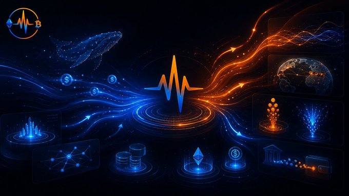 Digital illustration with a dark background showing a blue and orange waveform, a whale, dolphin, Earth, financial icons, and data visualizations symbolizing a crypto or tech network.