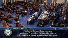 A screenshot from a Roll Call Vote broadcast shows lawmakers gathered on the U.S. Senate floor, with the caption "Motion to Invoke Cloture on the Motion to Proceed to the Consideration of H.R. 3033, the Digital Asset Market Clarity Act." The image illustrates the legislative moment referenced in the post, which claims the act's failure to advance was a predictable outcome orchestrated by wealthy interests.