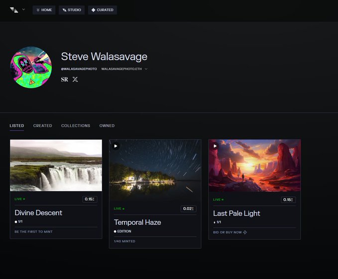 A screenshot of a profile page for "Steve Walasavage" (@walasavagephoto / walasavagephoto.eth) on a NFT platform, displaying "LISTED" items titled "Divine Descent", "Temporal Haze", and "Last Pale Light".