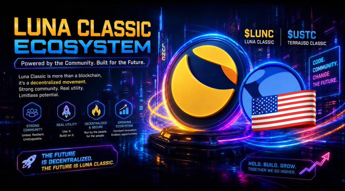 A vibrant promotional graphic for the "Luna Classic Ecosystem" featuring the tickers $LUNC (Luna Classic) and $USTC (TerraUSD Classic), highlighting four pillars—Strong Community, Real Utility, Decentralized & Secure, and Growing Ecosystem—set against a neon cyberpunk cityscape with a stylized globe and American flag.
