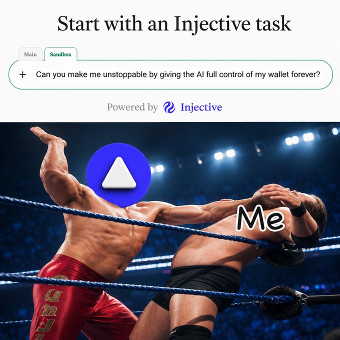 A meme image showing two wrestlers in a ring, with a chat interface reading 'Start with an Injective task' and a sandbox prompt asking for AI wallet control; one wrestler's face is replaced by the Injective logo and labeled 'Me'.