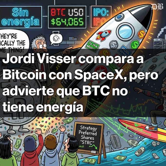 The image features a cartoon depiction of people standing around a room with a rocket ship in the background. The caption reads "Jordi Visser compara a Bitcoin con SpaceX, afirmando que ambos dependen de la fe en el futuro". This suggests that the artist is comparing Bitcoin to space exploration or rocketry.