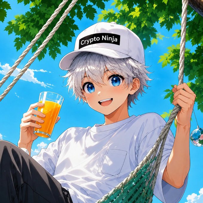 An anime-style illustration of a young boy with silver hair and blue eyes wearing a white 'Crypto Ninja' cap and t-shirt, holding a glass of orange juice while sitting in a rope hammock under leafy trees.