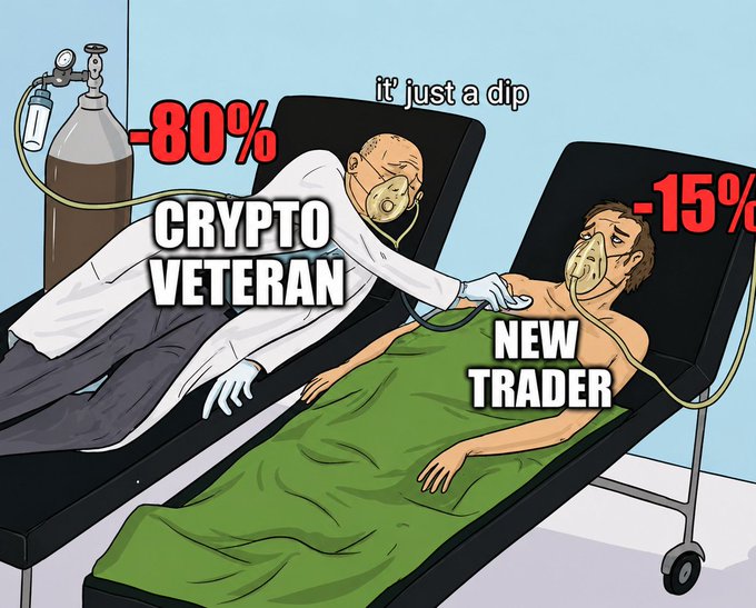 A crypto-themed meme depicting a 'CRYPTO VETERAN' doctor administering oxygen to a 'NEW TRADER' patient, with the veteran labeled -80% and the new trader labeled -15% with the text 'it just a dip'.