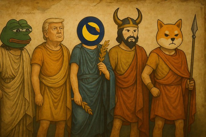An illustrated panel by @CryptoAnu depicting five figures in classical robes: Pepe the Frog, Donald Trump, a figure with a Terra (LUNA) logo for a head holding a laurel, a Viking-like character, and a Shiba Inu dog warrior holding a spear.
